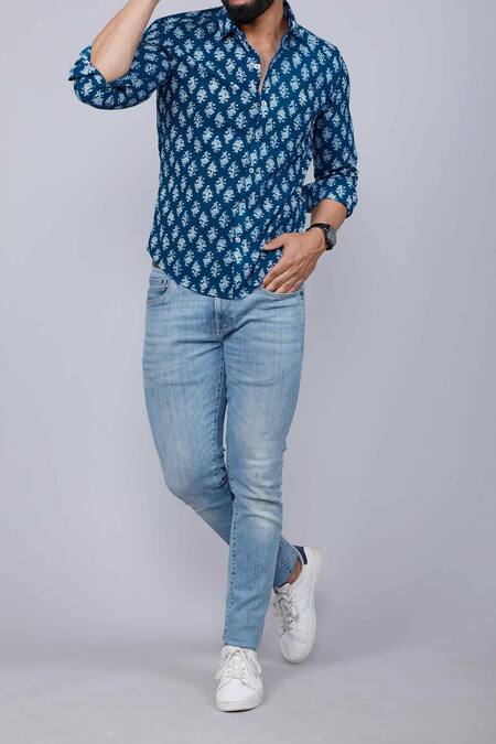 Aryavir Malhotra Blue Cotton Flowery Printed Shirt Online at Aza Fashions Aryavir Malhotra_Blue Cotton Flowery Printed Shirt_Online_at_Aza_Fashions