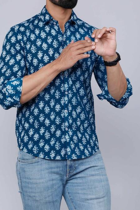Buy Aryavir Malhotra Blue Cotton Flowery Printed Shirt Online at Aza Fashions Buy_Aryavir Malhotra_Blue Cotton Flowery Printed Shirt_Online_at_Aza_Fashions