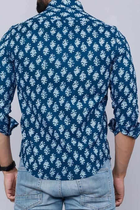 Shop Aryavir Malhotra Blue Cotton Flowery Printed Shirt at Aza Fashions Shop_Aryavir Malhotra_Blue Cotton Flowery Printed Shirt_at_Aza_Fashions