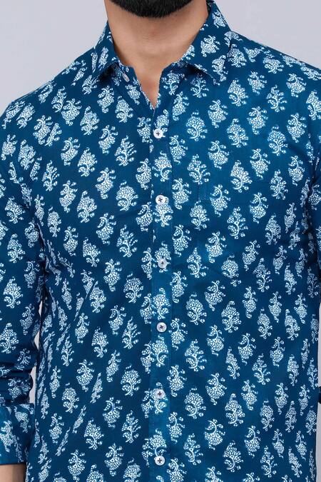 Shop Aryavir Malhotra Blue Cotton Flowery Printed Shirt Online at Aza Fashions Shop_Aryavir Malhotra_Blue Cotton Flowery Printed Shirt_Online_at_Aza_Fashions