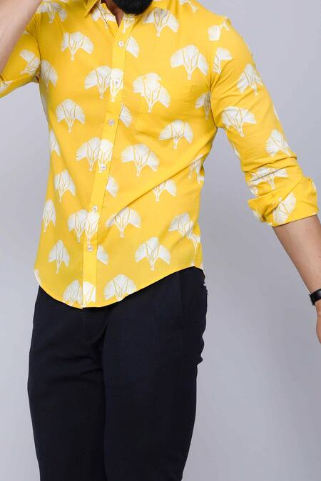 Aryavir Malhotra_Yellow Cotton Geometric Flower Print Shirt _Online_at_Aza_Fashions