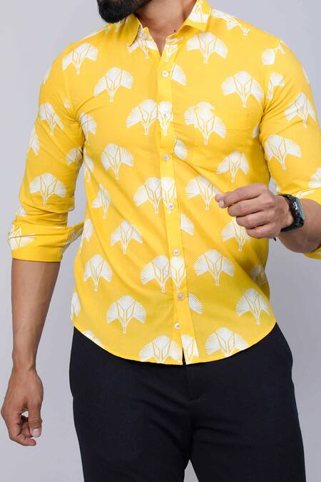 Buy_Aryavir Malhotra_Yellow Cotton Geometric Flower Print Shirt _Online_at_Aza_Fashions