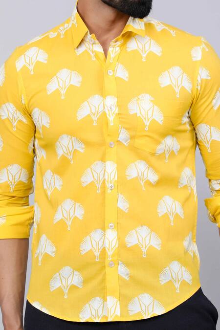 Shop_Aryavir Malhotra_Yellow Cotton Geometric Flower Print Shirt _Online_at_Aza_Fashions