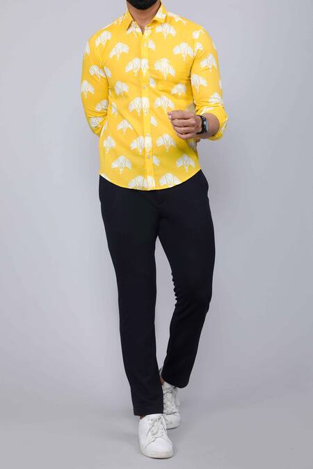 Aryavir Malhotra_Yellow Cotton Geometric Flower Print Shirt _at_Aza_Fashions