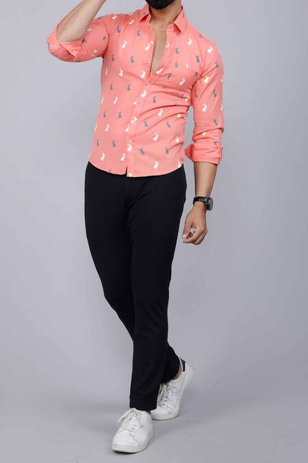 Buy_Aryavir Malhotra_Peach Cotton Animal Print Shirt _Online_at_Aza_Fashions