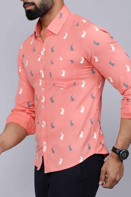 Shop_Aryavir Malhotra_Peach Cotton Animal Print Shirt _Online_at_Aza_Fashions
