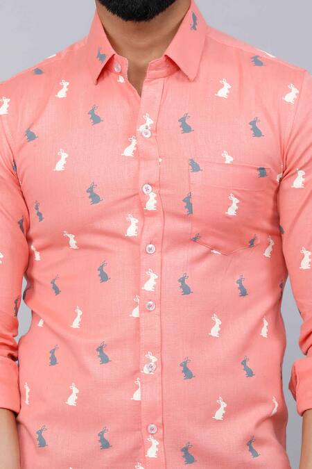 Buy_Aryavir Malhotra_Peach Cotton Animal Print Shirt 