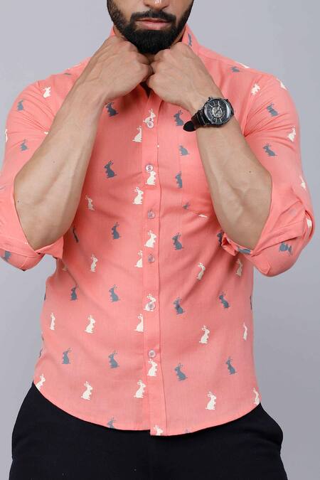 Shop_Aryavir Malhotra_Peach Cotton Animal Print Shirt 
