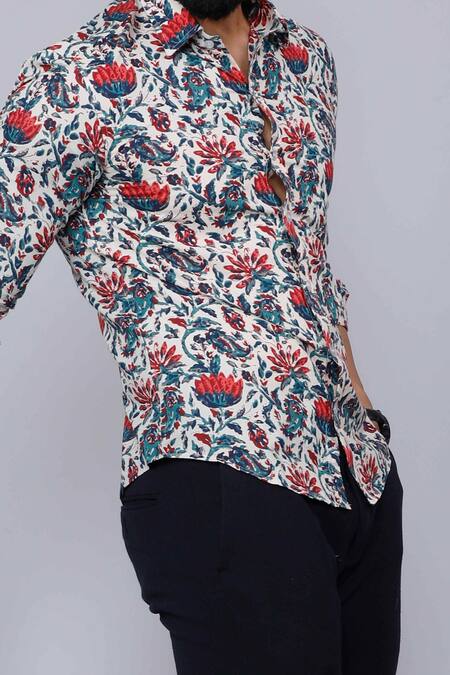 Shop Aryavir Malhotra Multi Color Cotton Florid Print Pure Shirt Online at Aza Fashions Shop_Aryavir Malhotra_Multi Color Cotton Florid Print Pure Shirt_Online_at_Aza_Fashions