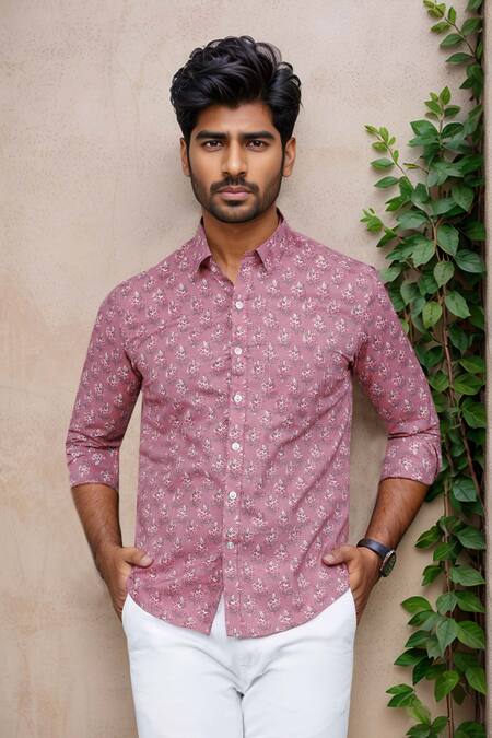 Shop Aryavir Malhotra Pink Cotton Flower Print Shirt Online at Aza Fashions Shop_Aryavir Malhotra_Pink Cotton Flower Print Shirt _Online_at_Aza_Fashions