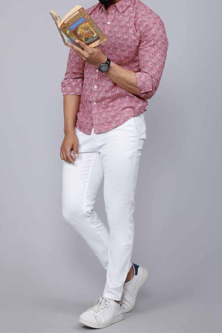 Shop Aryavir Malhotra Pink Cotton Flower Print Shirt Shop_Aryavir Malhotra_Pink Cotton Flower Print Shirt
