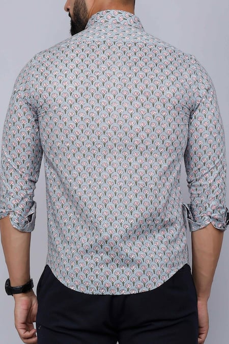 Shop Aryavir Malhotra Blue Cotton Flower Print Pure Shirt at Aza Fashions Shop_Aryavir Malhotra_Blue Cotton Flower Print Pure Shirt _at_Aza_Fashions