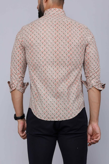 Shop_Aryavir Malhotra_Brown Cotton Blossom Print Pure Shirt _at_Aza_Fashions