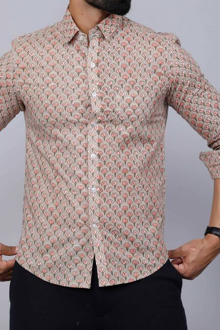 Aryavir Malhotra_Brown Cotton Blossom Print Pure Shirt _at_Aza_Fashions