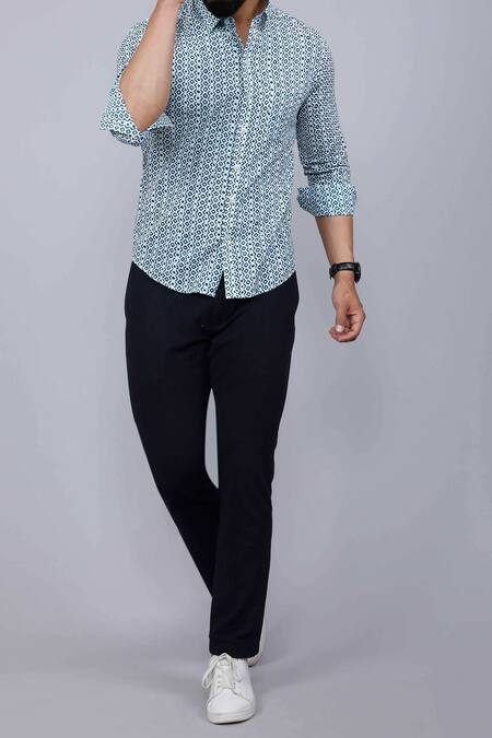 Aryavir Malhotra_Blue Cotton Geometric Print Casual Shirt _Online_at_Aza_Fashions