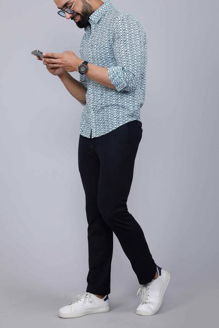 Buy_Aryavir Malhotra_Blue Cotton Geometric Print Casual Shirt _Online_at_Aza_Fashions