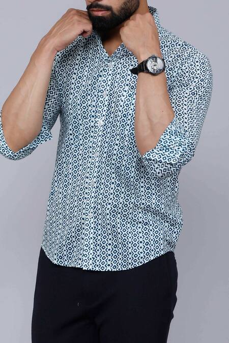 Shop_Aryavir Malhotra_Blue Cotton Geometric Print Casual Shirt _Online_at_Aza_Fashions