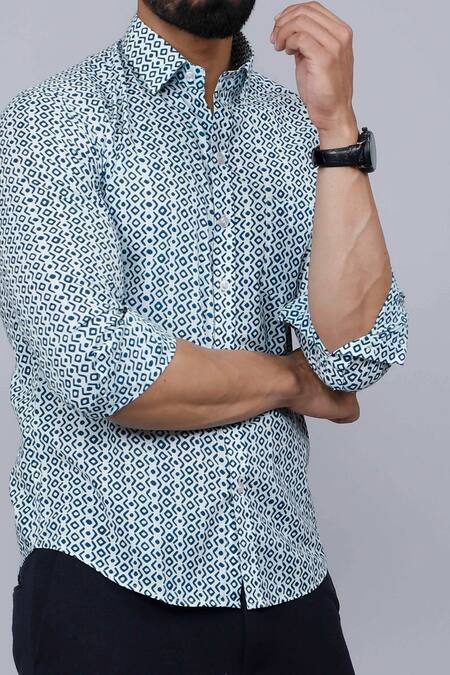 Aryavir Malhotra_Blue Cotton Geometric Print Casual Shirt _at_Aza_Fashions