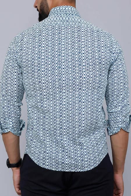 Shop_Aryavir Malhotra_Blue Cotton Geometric Print Casual Shirt _at_Aza_Fashions