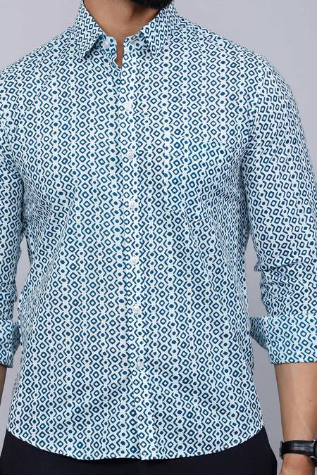 Buy_Aryavir Malhotra_Blue Cotton Geometric Print Casual Shirt 