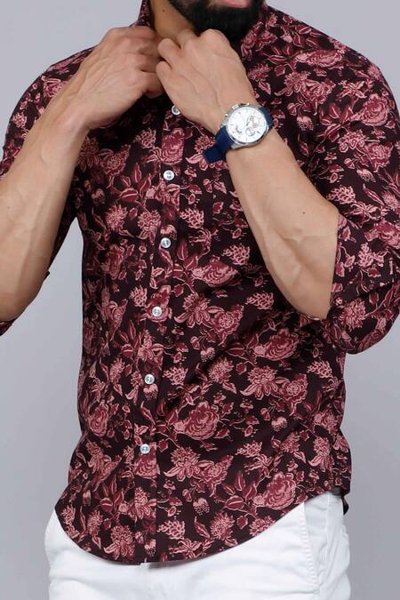 Arihant Rai Sinha_Maroon Cotton Floret Print Shirt _Online_at_Aza_Fashions