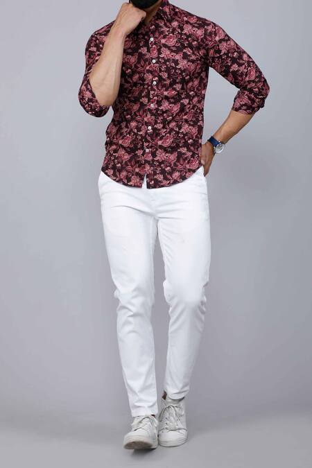 Arihant Rai Sinha_Maroon Cotton Floret Print Shirt _at_Aza_Fashions
