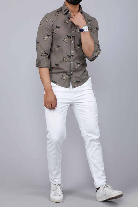 Buy_Aryavir Malhotra_Gray Cotton Bird Print Casual Shirt _Online_at_Aza_Fashions