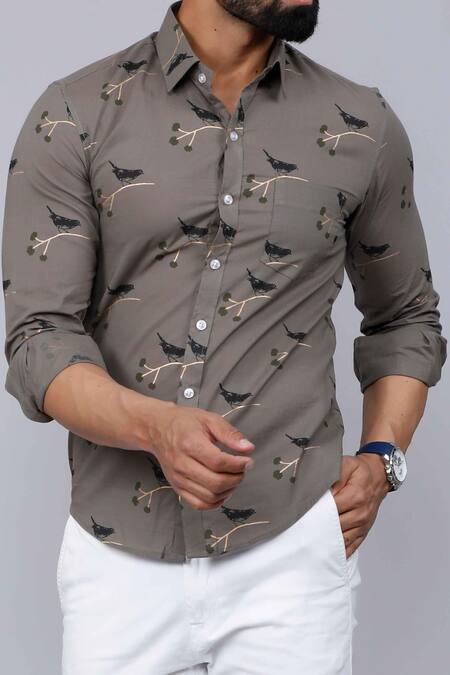 Aryavir Malhotra_Gray Cotton Bird Print Casual Shirt _at_Aza_Fashions