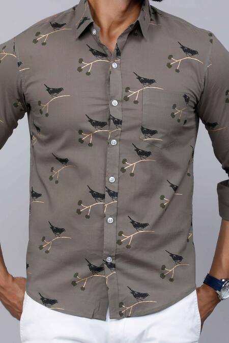 Buy_Aryavir Malhotra_Gray Cotton Bird Print Casual Shirt 
