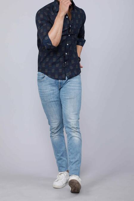 Aryavir Malhotra Blue Cotton Indigo Abstract Print Casual Shirt Online at Aza Fashions Aryavir Malhotra_Blue Cotton Indigo Abstract Print Casual Shirt _Online_at_Aza_Fashions