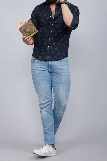 Aryavir Malhotra Blue Cotton Indigo Abstract Print Casual Shirt at Aza Fashions Aryavir Malhotra_Blue Cotton Indigo Abstract Print Casual Shirt _at_Aza_Fashions