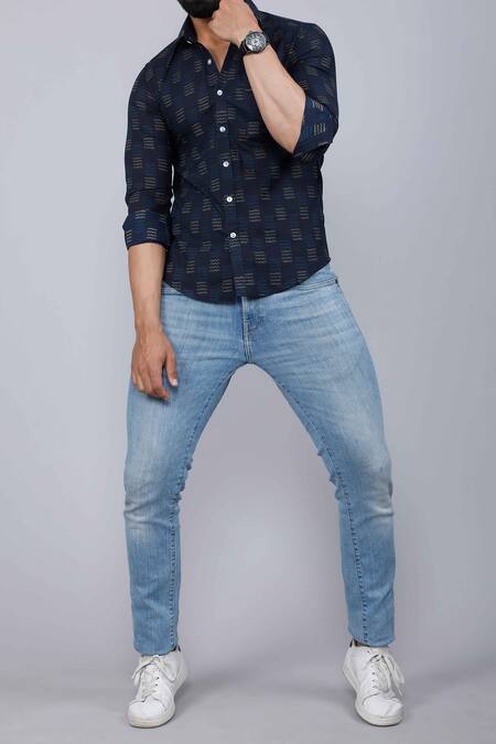 Buy Aryavir Malhotra Blue Cotton Indigo Abstract Print Casual Shirt Buy_Aryavir Malhotra_Blue Cotton Indigo Abstract Print Casual Shirt