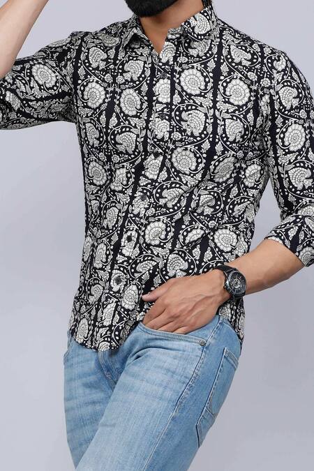 Aryavir Malhotra Black Cotton Floral Print Collared Shirt Online at Aza Fashions Aryavir Malhotra_Black Cotton Floral Print Collared Shirt_Online_at_Aza_Fashions
