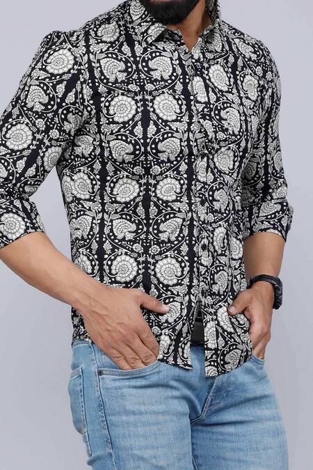 Buy Aryavir Malhotra Black Cotton Floral Print Collared Shirt Online at Aza Fashions Buy_Aryavir Malhotra_Black Cotton Floral Print Collared Shirt_Online_at_Aza_Fashions