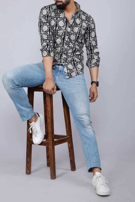 Shop Aryavir Malhotra Black Cotton Floral Print Collared Shirt Online at Aza Fashions Shop_Aryavir Malhotra_Black Cotton Floral Print Collared Shirt_Online_at_Aza_Fashions