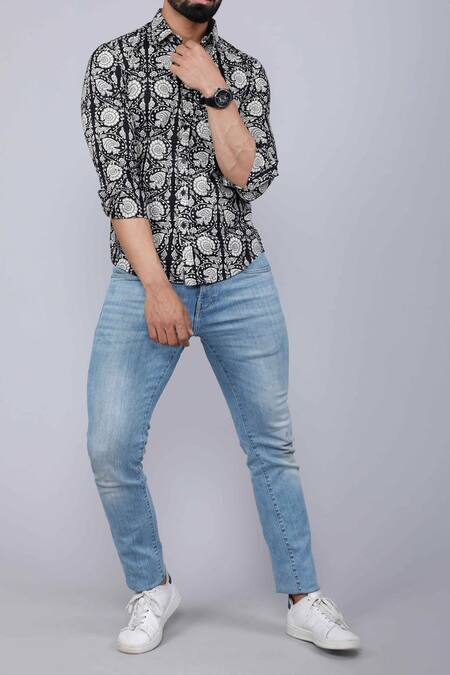 Aryavir Malhotra Black Cotton Floral Print Collared Shirt at Aza Fashions Aryavir Malhotra_Black Cotton Floral Print Collared Shirt_at_Aza_Fashions
