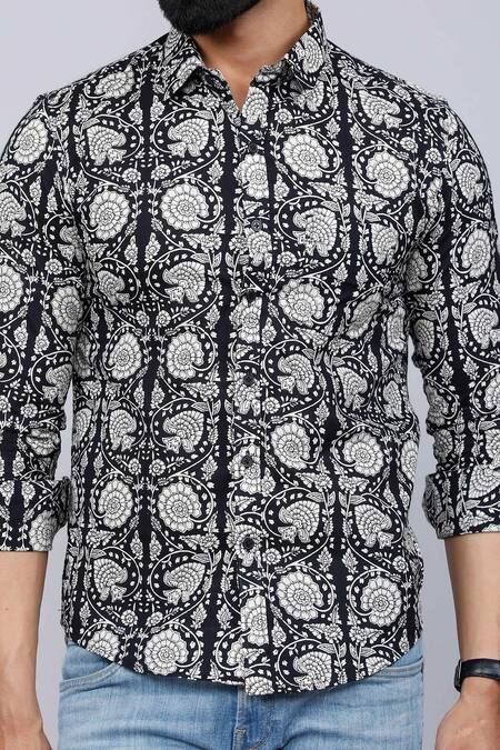 Buy Aryavir Malhotra Black Cotton Floral Print Collared Shirt Buy_Aryavir Malhotra_Black Cotton Floral Print Collared Shirt
