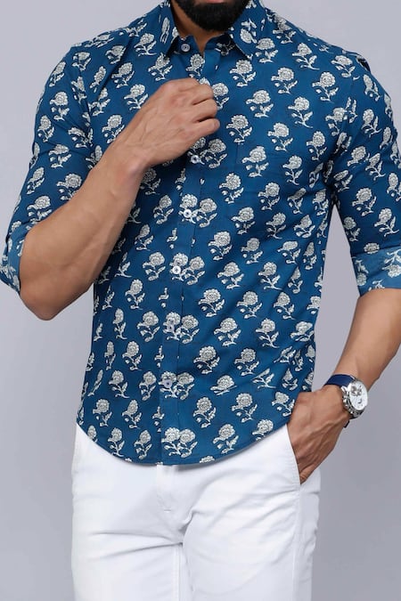Buy_Aryavir Malhotra_Blue Cotton Floral Print Collared Shirt _Online_at_Aza_Fashions