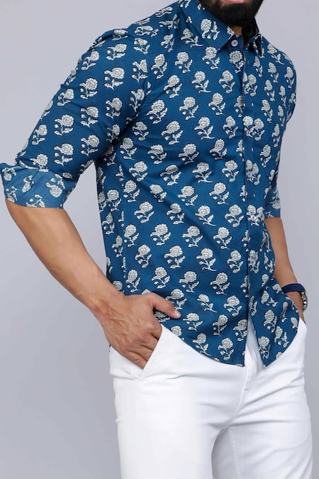 Shop_Aryavir Malhotra_Blue Cotton Floral Print Collared Shirt _Online_at_Aza_Fashions