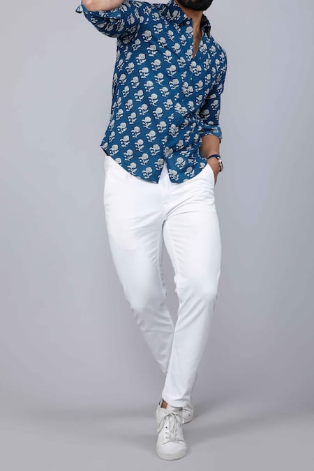 Aryavir Malhotra_Blue Cotton Floral Print Collared Shirt _at_Aza_Fashions