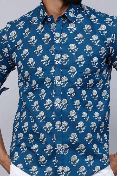 Buy_Aryavir Malhotra_Blue Cotton Floral Print Collared Shirt 
