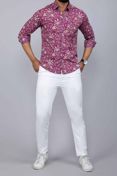 Aryavir Malhotra_Purple Cotton Floral Print Collared Shirt _Online_at_Aza_Fashions