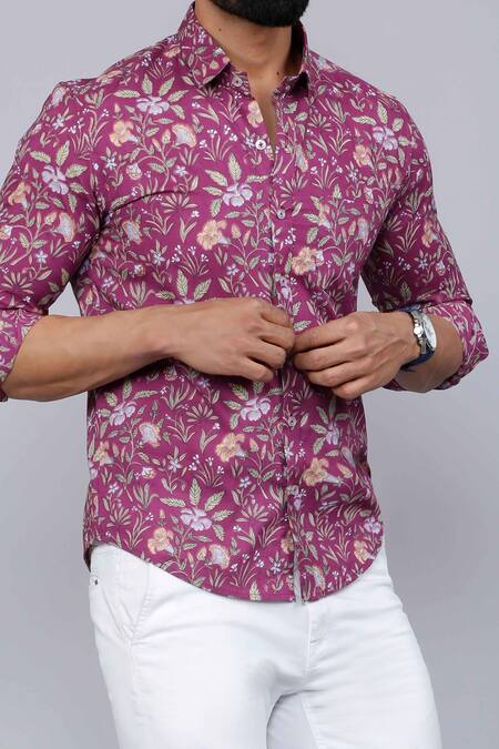 Buy_Aryavir Malhotra_Purple Cotton Floral Print Collared Shirt _Online_at_Aza_Fashions