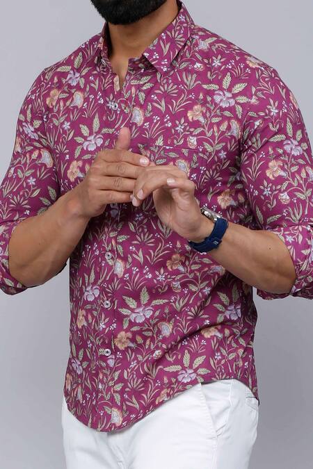 Shop_Aryavir Malhotra_Purple Cotton Floral Print Collared Shirt _Online_at_Aza_Fashions