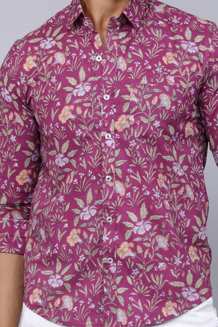 Aryavir Malhotra_Purple Cotton Floral Print Collared Shirt _at_Aza_Fashions