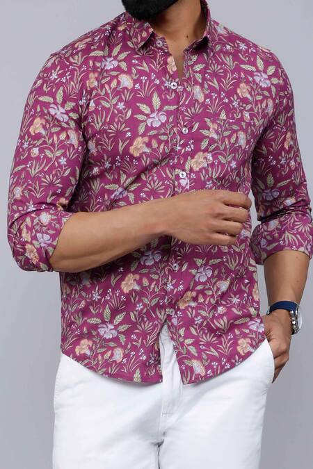 Buy_Aryavir Malhotra_Purple Cotton Floral Print Collared Shirt 