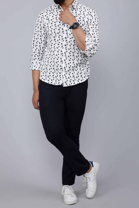 Aryavir Malhotra_White Cotton Bird Print Collared Shirt _Online_at_Aza_Fashions