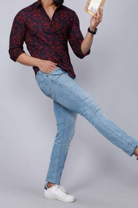 Buy_Aryavir Malhotra_Black Cotton Floral Print Shirt _Online_at_Aza_Fashions