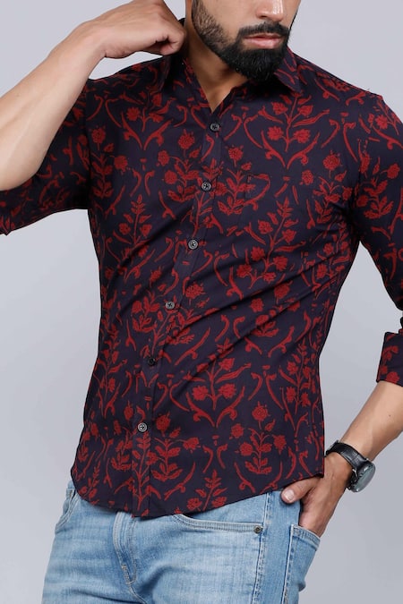 Aryavir Malhotra_Black Cotton Floral Print Shirt _at_Aza_Fashions
