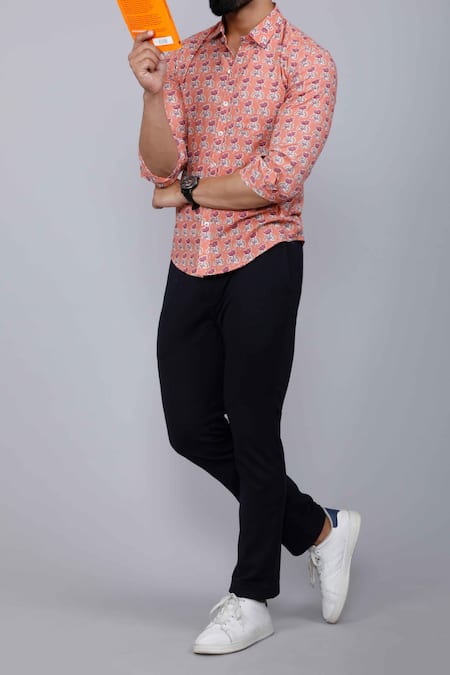 Aryavir Malhotra Peach Cotton Lotus Print Collared Shirt Online at Aza Fashions Aryavir Malhotra_Peach Cotton Lotus Print Collared Shirt _Online_at_Aza_Fashions